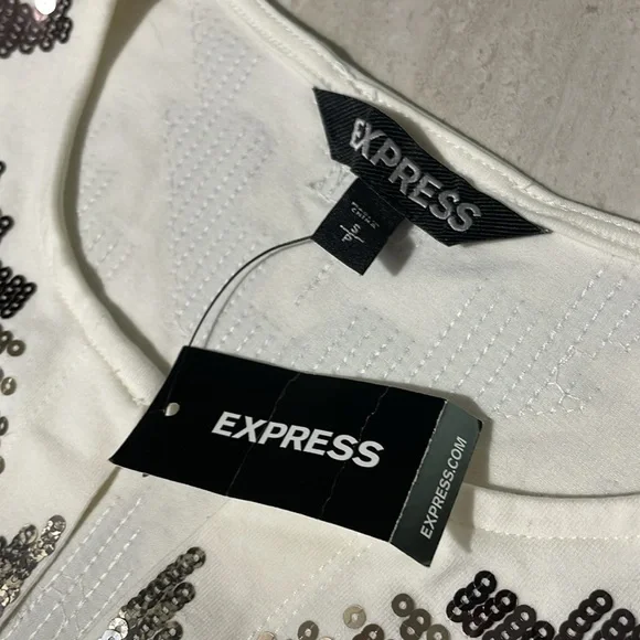 NWT Express Sequin Bronze Gold Ivory Stretch Open Drape Light Crop Blazer *S - Picture 4 of 6